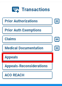 appeals button on transactions menu