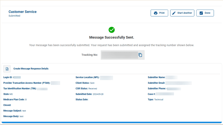 confirmation message with print, start another, and done buttons