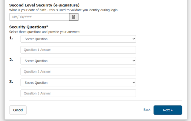 Second Level Security Questions (e-Signature)