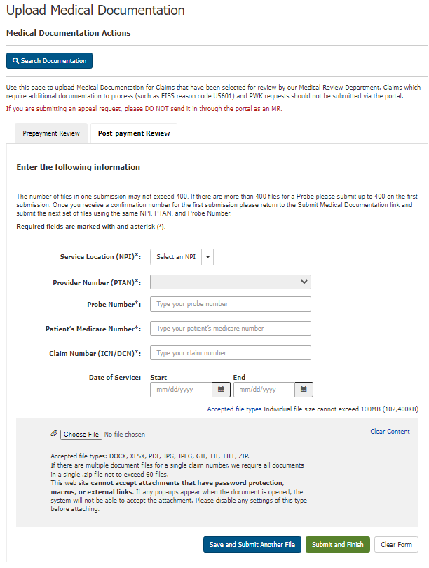Post-Payment Review Upload Medical Documentation form