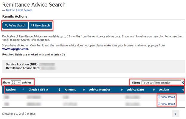 Remittance Advice Search and Filter Options