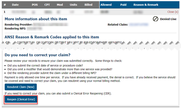 Reopen (Clerical Error) Button in Claim Details Section