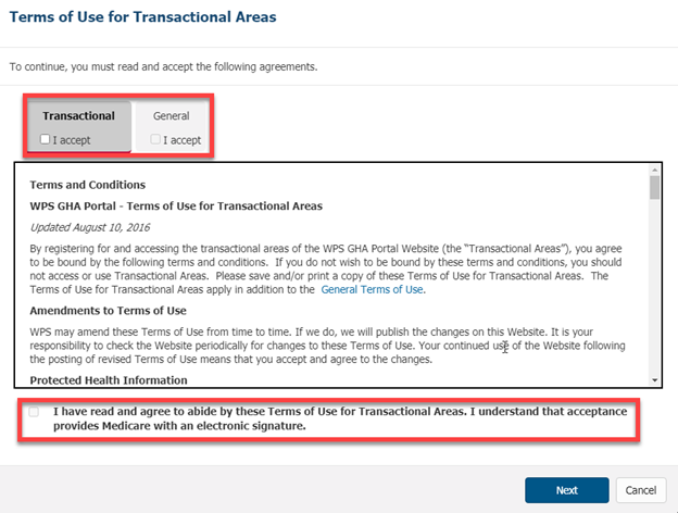 Terms of Use for Transactional Areas