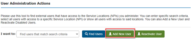 User Administration Actions - Add New User button