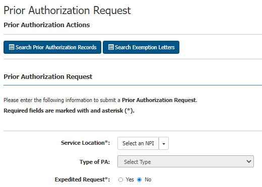 This is an image of the Prior Authorization entry screen where the NPI and Prior Authorization type is selected